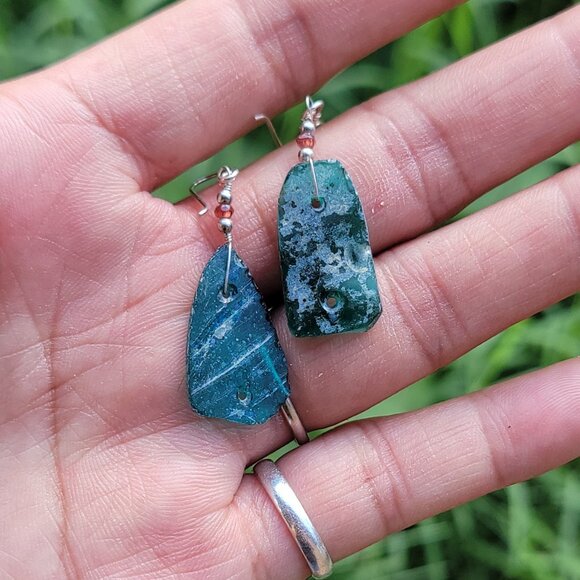 New handmade sterling silver 925 blue green sea glass dangle earrings - Picture 3 of 16
